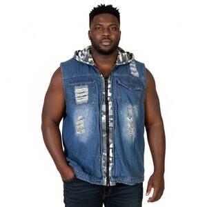 Nasky Distressed Hooded Denim Vest Mens XXXL Medium Wash Grunge Camo Streetwear